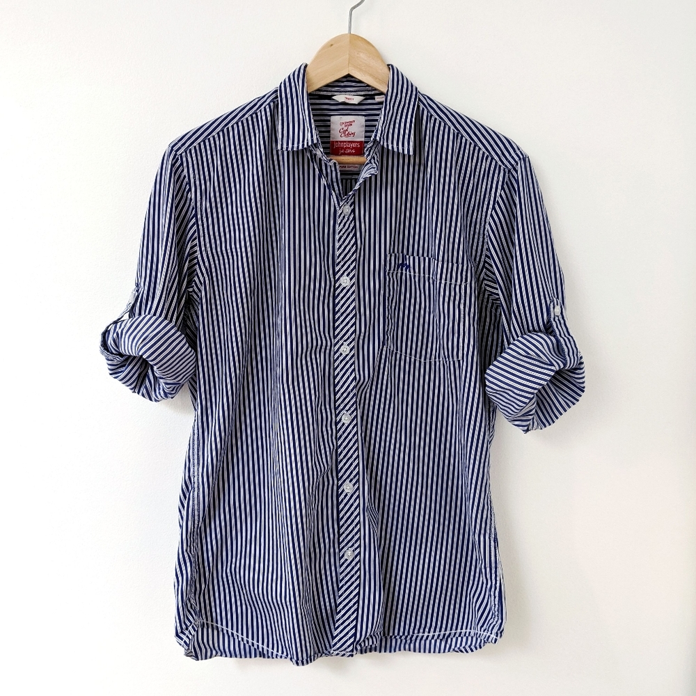 john player navy blue & white striped dress shirt